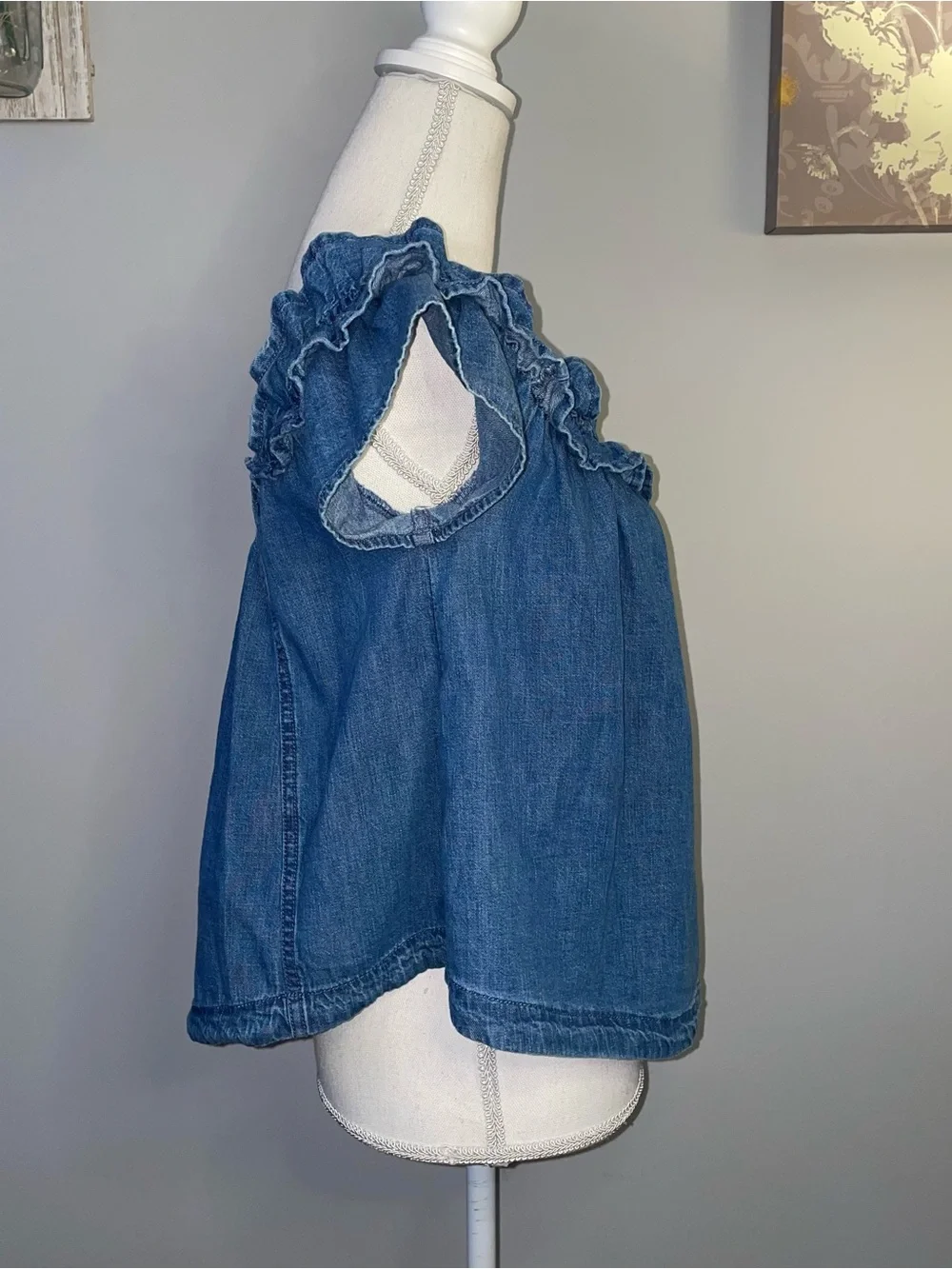 Free People Ruffle Denim Short Sleeve Blouse